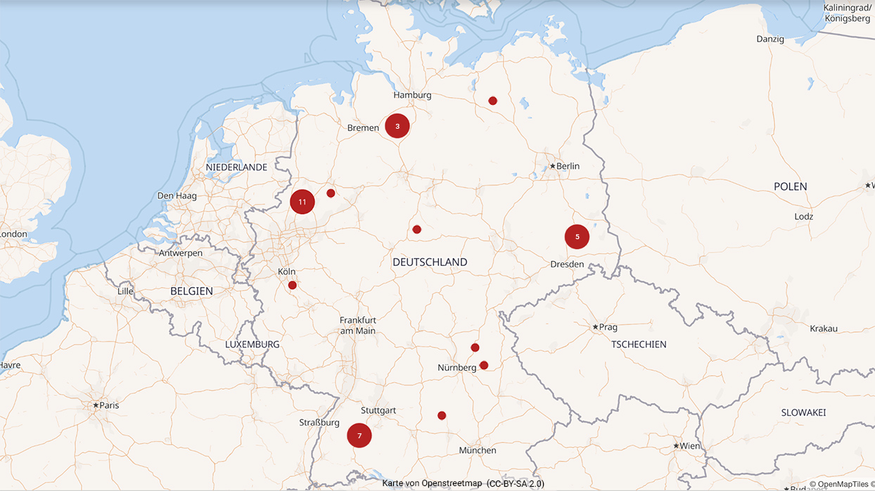 Ein Screenshot von der interaktiven Karte mit Eichenprozessionsspinner-Meldungen